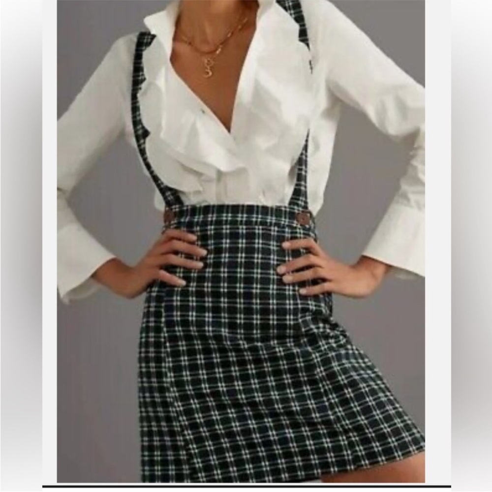Anthropologie Maeve Green Plaid Pinafore Skirt Overalls Suspender Womens Size 14
